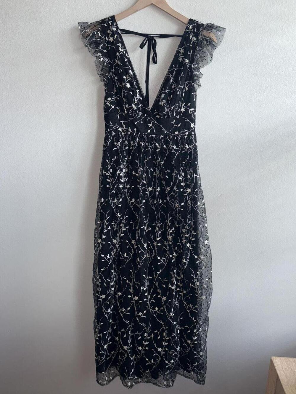 Altar'd State Embroidered Tulle Midi Dress Women's Small Black Floral Mesh